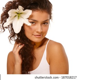 White Isolated Beauty Portrait Of Young Woman With Olive Skin Tone