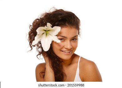 White Isolated Beauty Portrait Of Young Woman With Olive Skin Tone