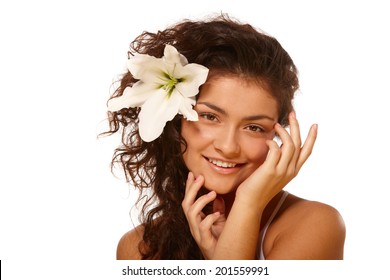 White Isolated Beauty Portrait Of Young Woman With Olive Skin Tone