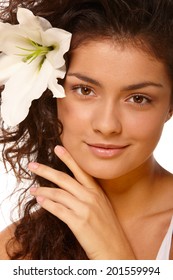 White Isolated Beauty Portrait Of Young Woman With Olive Skin Tone