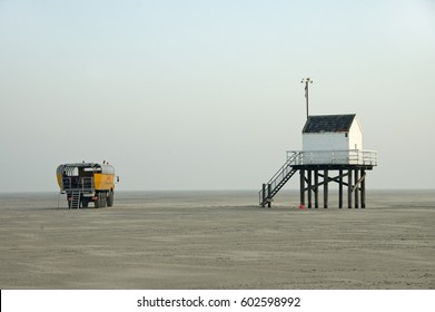 White Isolated Safe House On A Deserted Beach On The Island Vlieland, The Netherlands