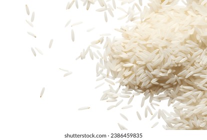 White jasmine rice scattered, top flat lay view on white background cutout file. Mockup template for artwork design. Wallpaper banner
