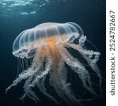 A white jellyfish has a delicate, translucent body that appears almost ethereal. Its bell-shaped body, often smooth and dome-like, is a pale, milky white, 