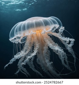 A white jellyfish has a delicate, translucent body that appears almost ethereal. Its bell-shaped body, often smooth and dome-like, is a pale, milky white, 