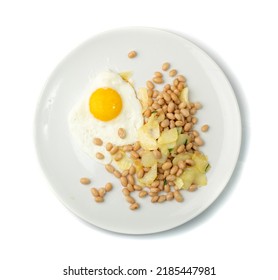 White Kidney Beans With Egg And Potato. Cooked Cannellini Bean Pile, Baked Legume, Yellow Beans Breakfast On White Plate