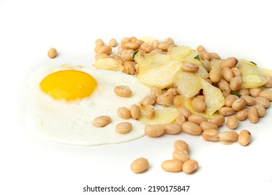 White Kidney Beans With Egg And Potato. Cooked Cannellini Bean Pile, Baked Legume, Yellow Beans Breakfast On White Plate