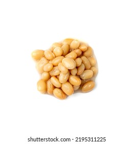 White Kidney Beans Isolated. Cooked Cannellini Bean Pile, Baked Legume, Canned Yellow Beans, Phaseolus Vulgaris, Haricot Stew, Boiled Leguminous Ingredient On White Background Top View