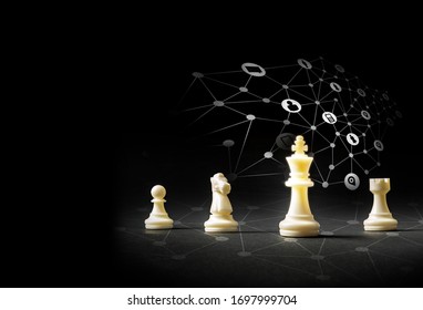 White King Chess And Other Chess Pieces With Digital Icons On Dark Background, Strategy And Analytics With Digital Marketing Is The Key For Success Concept