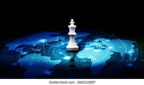 White King Chess Stand On Top For The Futuristic Digital World Map, Leader With SEO And Smart Data In Digital Online Marketing Survival Concept