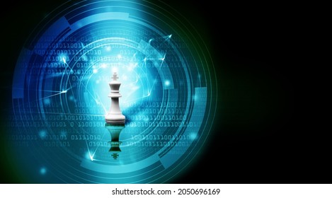 White King chess stand on futuristic digital, Leader in digital disrupt digital age era and old Leader in digital data world  concept