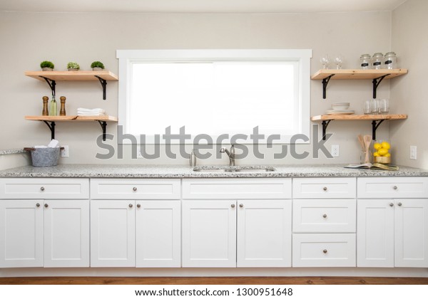 White Kitchen Cabinets Granite Countertop Wooden Stock Photo Edit