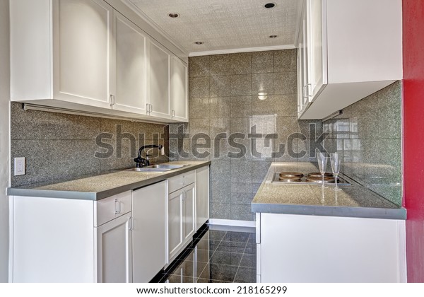 White Kitchen Cabinets Grey Tile Wall Stock Photo Edit Now 218165299
