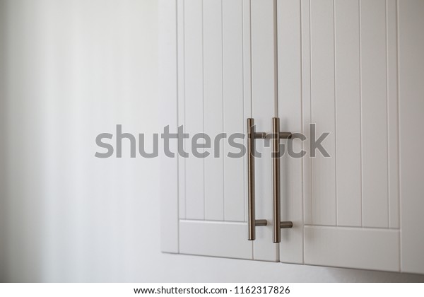 White Kitchen Cabinets Metal Pulls Knobs Stock Image Download Now