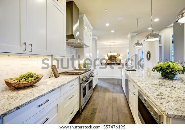 White Kitchen Design Features Large Bar Stock Photo Edit Now