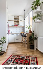 White Kitchen With Red Components, Cosy Tiny Home After The Reconstruction In Panel House