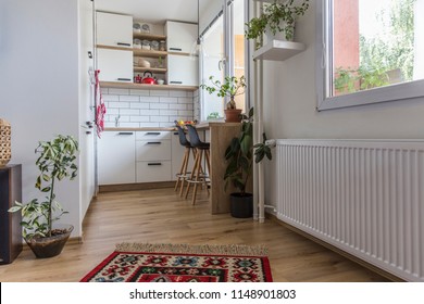 White Kitchen With Red Components, Cosy Tiny Home After The Reconstruction In Panel House