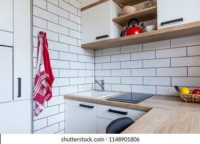 White Kitchen With Red Components, Cosy Tiny Home After The Reconstruction In Panel House