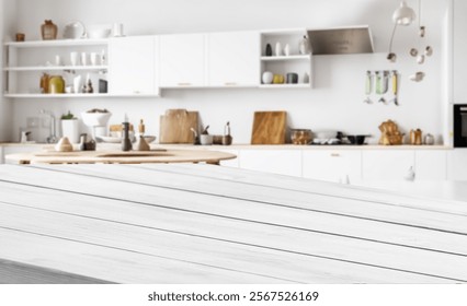 White kitchen table with blurred background of modern kitchen. Perfect for product placement or food photography.