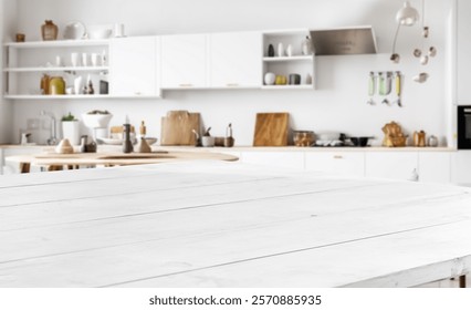 White kitchen table with blurred background of a modern kitchen. Perfect for showcasing products or food.