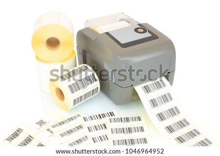 White label rolls, printed barcodes and printer isolated on white background with shadow reflection. White reels of labels with printer. Labels for direct thermal or thermal transfer printing. 