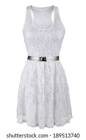 White Lace Dress With Silver Belt, Isolated On White