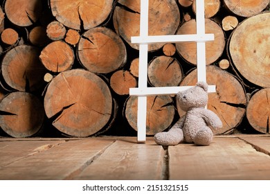 A white ladder with rungs is leaning against a woodpile in the barn. A woodpile made of cross-cut trees, a gray toy bear is sitting at the stairs