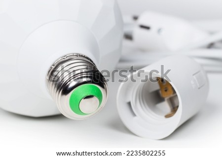 White lamp socket and lamp bulb, Electric cartridge for light bulbs, lamp holder, light fitting.