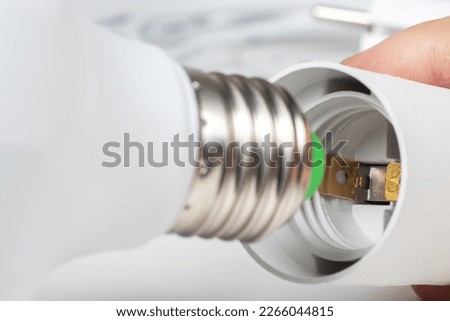 White lamp socket and lamp bulb, Electric cartridge for light bulbs, lamp holder, light fitting.