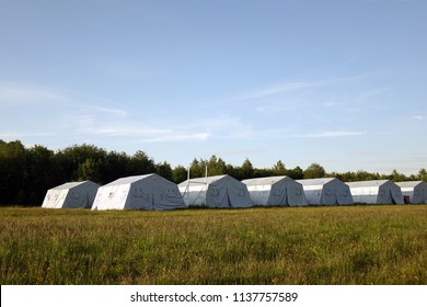 White Large Army Tents. Rescue Camp.