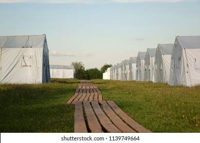 White Large Army Tents. Rescue Camp.