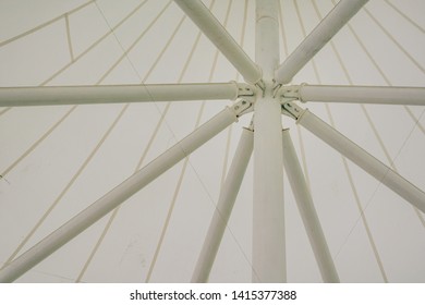 White Large Outdoor Umbrella. Metal Construction Of The Canopy. Travelling To Tashkent.