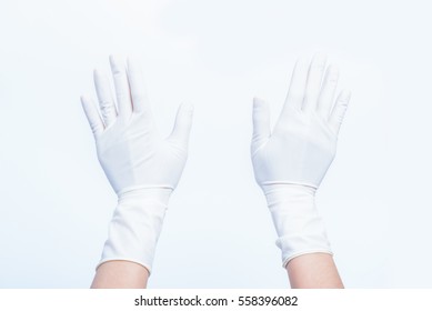 White Latex doctor Hand Gloves
,Hand women asian five finger symbol with glove of doctor isolated on white background
