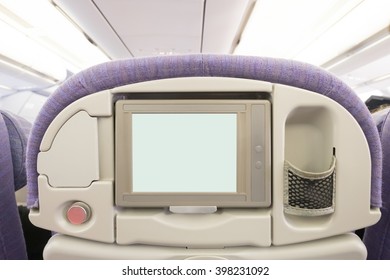 White LCD Screen In An Airplane Seat, Copy Space For Text Or Image