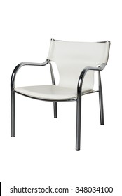 A White Leather Chair With Metal Frame Isolated On White