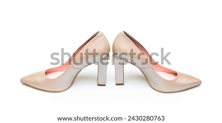 White leather high heels isolated on white background. White high heel women shoes on white background. Shoe for women. Beauty and fashion concept.