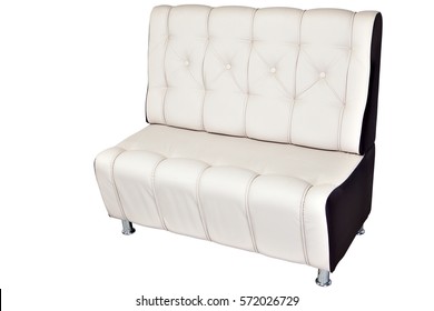 White Leather Modern Banquette Bench With Storage Space, Isolated On White, Clipping Path Saved.