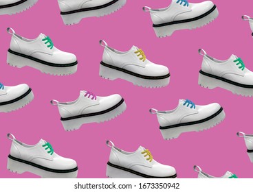 White Leather Platform Shoes Isolated On Pink Background. Classic Shoes On A High Black Tractor Platform. Fashionable Strict Low-heeled Shoes. Loafers With Lacing. Composition Of Clothes. Pattern