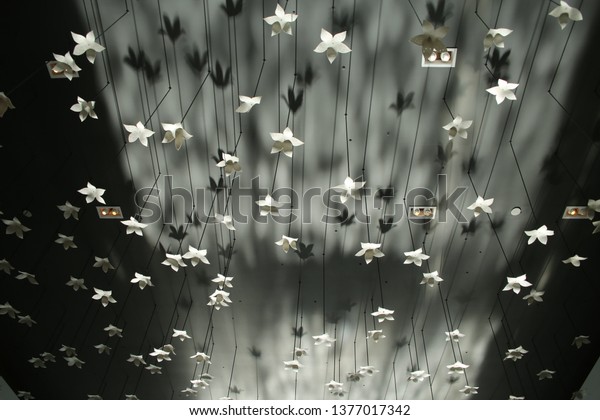 White Leaves Simulating Snowflakes Hang Ceiling Stock Photo Edit