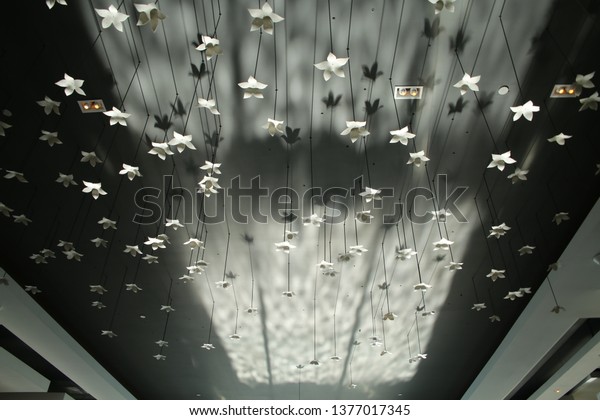 White Leaves Simulating Snowflakes Hang Ceiling Stock Photo Edit