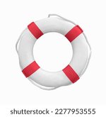 White life buoy with red stripes and white rope around isolated on white background