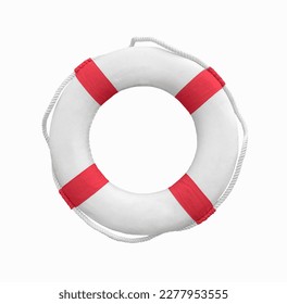 White life buoy with red stripes and white rope around isolated on white background - Powered by Shutterstock