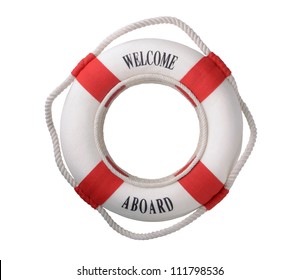 White life buoy with "Welcome aboard" inscription isolated on white
