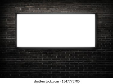 A White Light Box Or Billboard Hanging On A Black Brick Wall Background In A Night Building