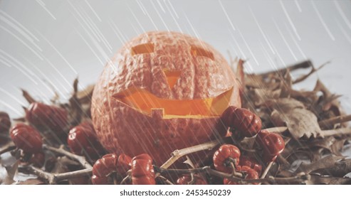 White light trails falling over halloween carved scary pumpkin against white background. halloween celebration concept - Powered by Shutterstock