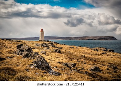 White lighthouse Skardsviti in Iceland, Europe