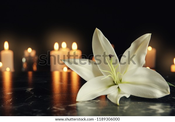 White lily and blurred burning\
candles on table in darkness, space for text. Funeral\
symbol