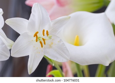 White lily and calla flowers over a black background - Shutterstock ID 104776031
