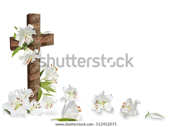 白い背景に白いリリーとキリスト教の十字架 の写真素材 今すぐ編集