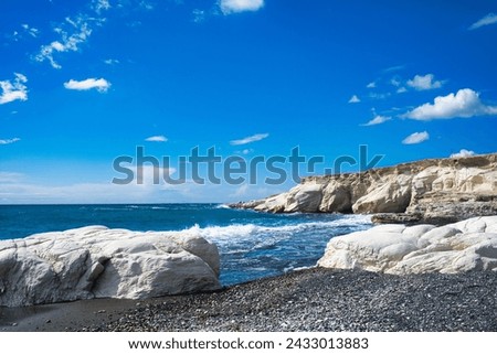 White limestone cliffs and an black sand beach near Governor’s Beach, district of Larnaca, at the south coast of Cyprus
