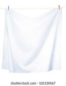 White Linen Sheets Drying On A Rope, Isolated On A White Background, With Clipping Paths